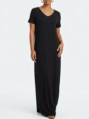 Grecerelle‎ Black Rayon V-Neck T-Shirt Maxi Dress Size L Large